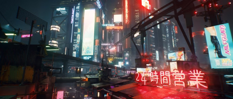 A neon-lit street in a cyberpunk city.