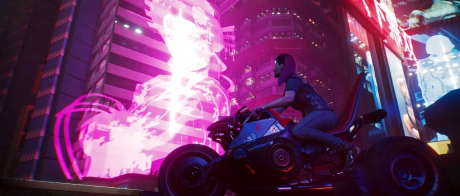 A hero on a cyberpunk motorcycle in motion.