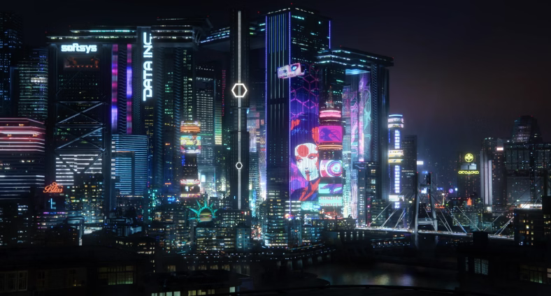Nighttime panorama of Night City megapolis.